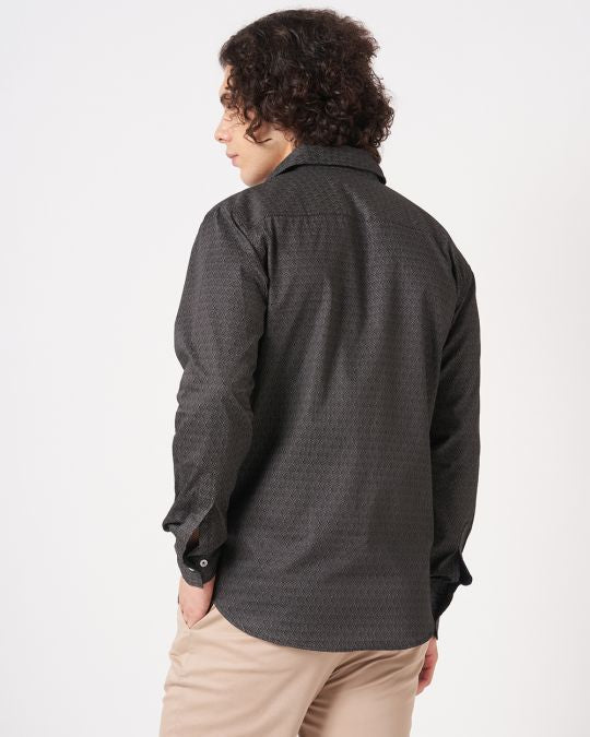 Mens Black Geometric Print Full-Sleeve Shirt