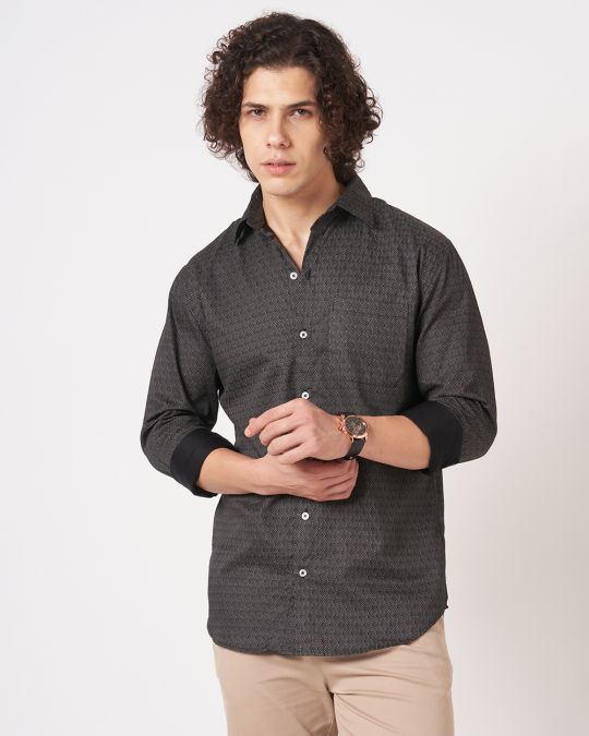 Mens Black Geometric Print Full-Sleeve Shirt