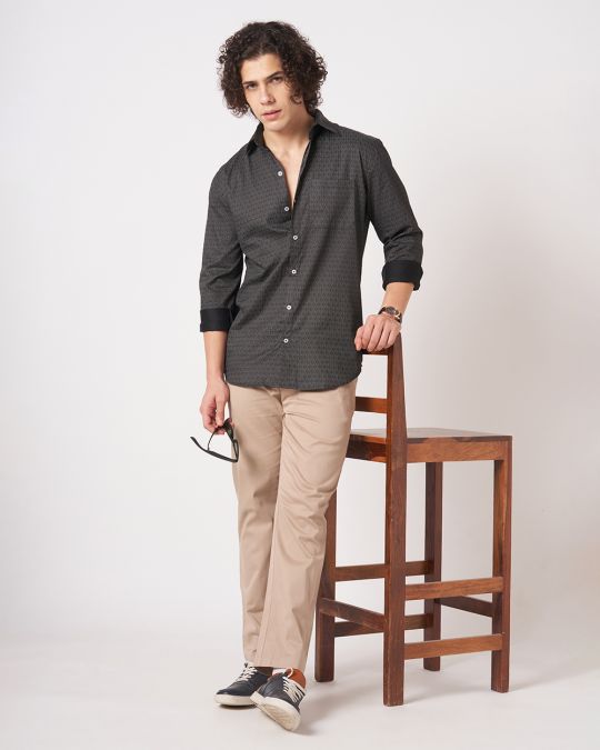 Mens Black Geometric Print Full-Sleeve Shirt