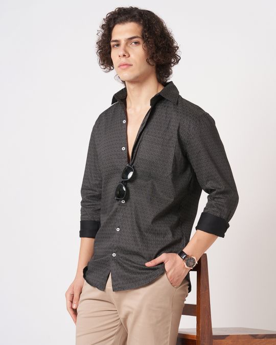Mens Black Geometric Print Full-Sleeve Shirt