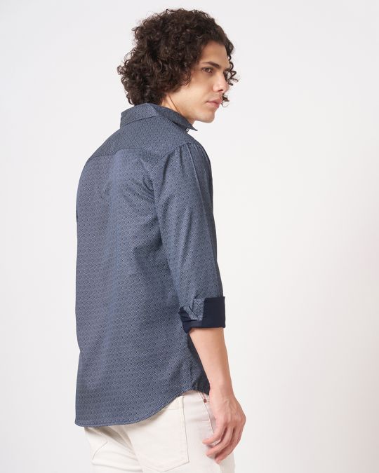 Mens Navy Geometric Print Full-Sleeve Shirt