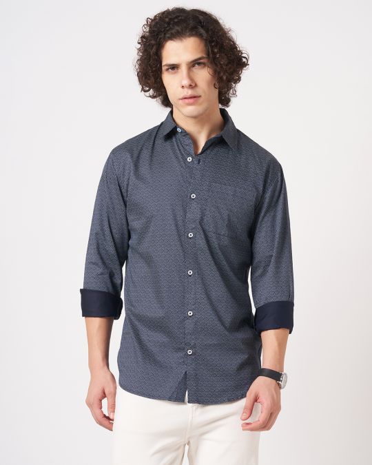 Mens Navy Geometric Print Full-Sleeve Shirt