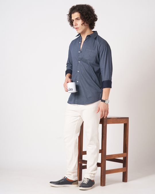 Mens Navy Geometric Print Full-Sleeve Shirt