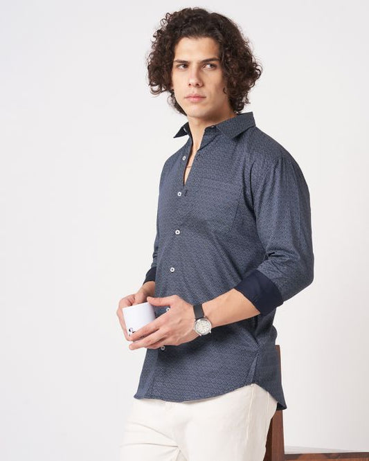Mens Navy Geometric Print Full-Sleeve Shirt