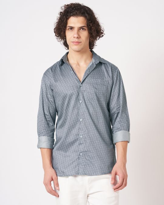 Mens Grey Geometric Print Full-Sleeve Shirt