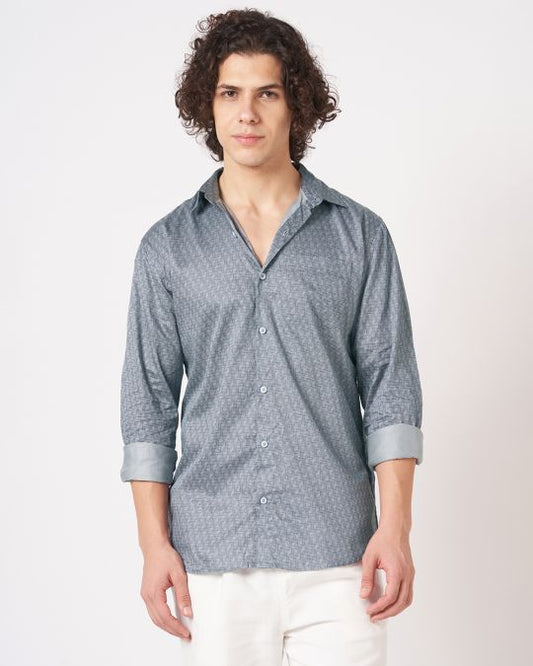 Mens Grey Geometric Print Full-Sleeve Shirt