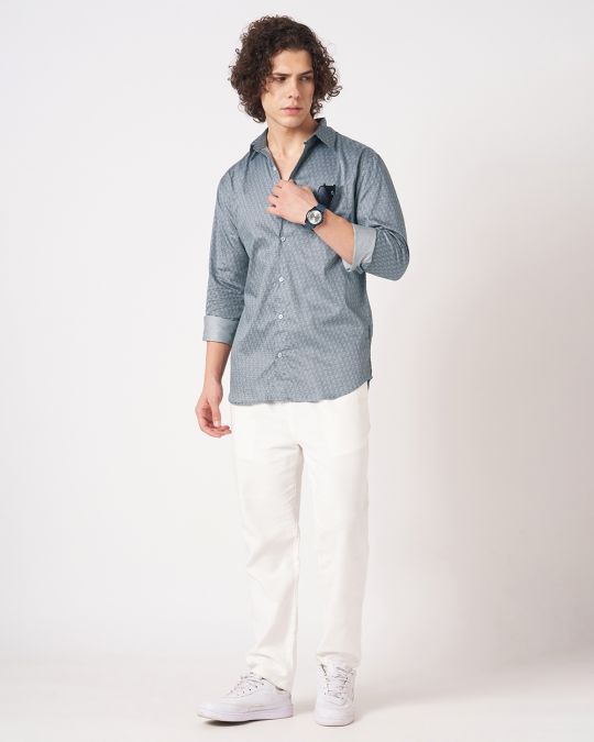 Mens Grey Geometric Print Full-Sleeve Shirt