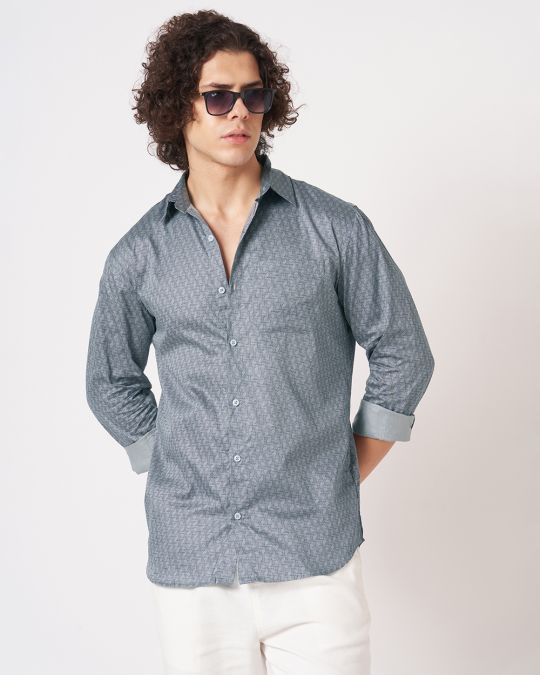 Mens Grey Geometric Print Full-Sleeve Shirt