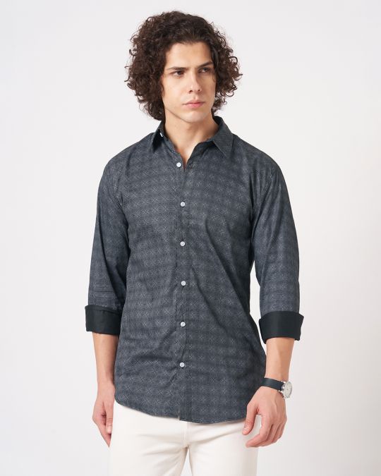 Men Black Minimal Matrix Print Full Sleeve Shirt
