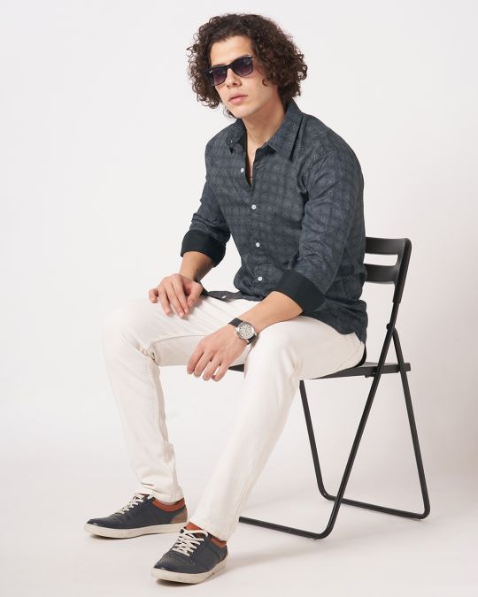 Men Black Minimal Matrix Print Full Sleeve Shirt