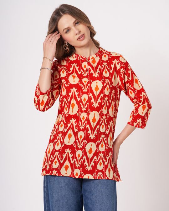 Red Ikat Printed Kurta For Women