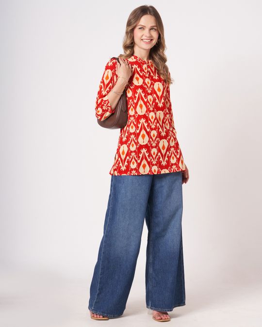 Red Ikat Printed Kurta For Women