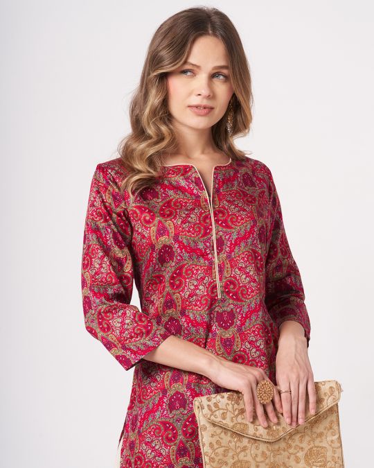 Red Floral Printed Kurta For Women
