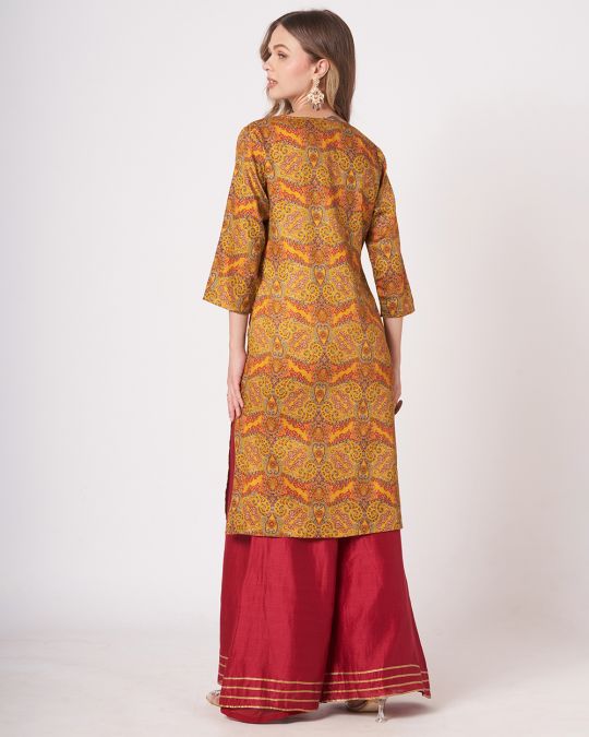 Gold Floral Printed Kurta For Women