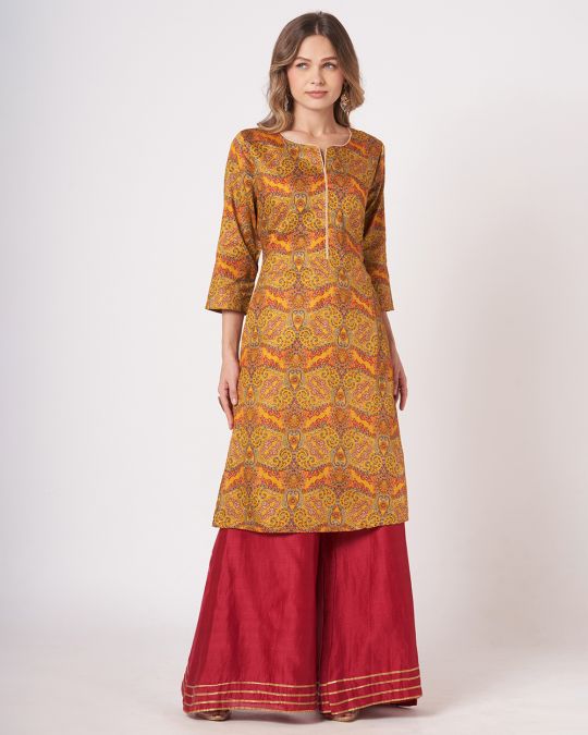 Gold Floral Printed Kurta For Women