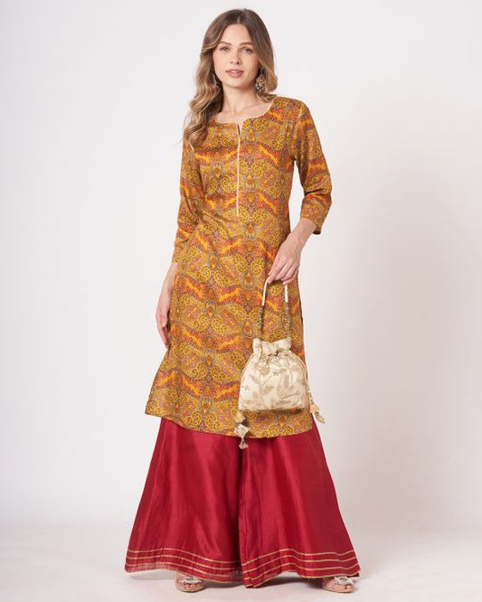 Gold Floral Printed Kurta For Women
