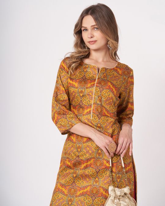 Gold Floral Printed Kurta For Women