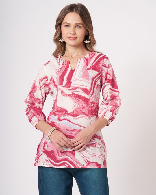 White Marble Printed Short Kurti For Women