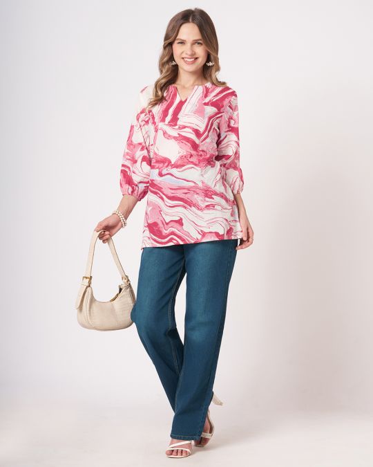 White Marble Printed Short Kurti For Women