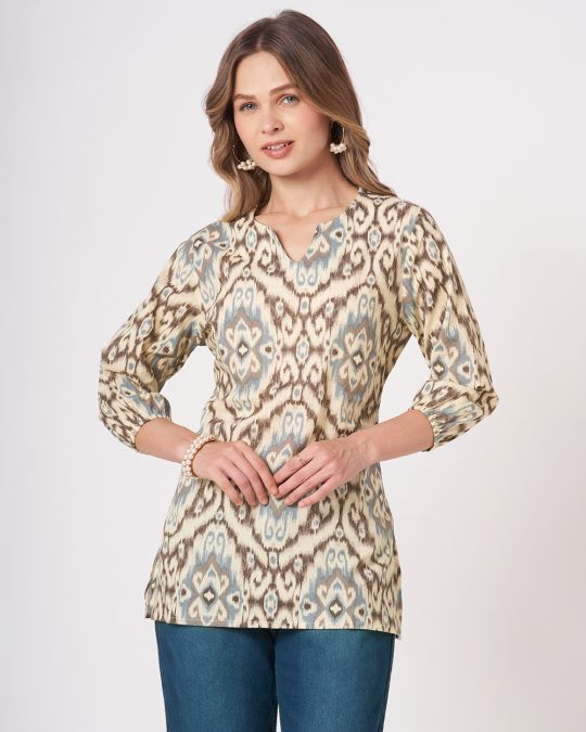 Off White Ikat Printed Short Kurti For Women