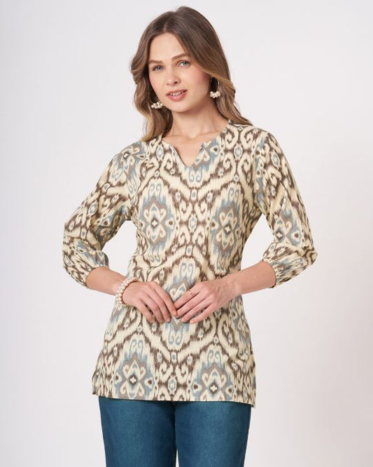 Off White Ikat Printed Short Kurti For Women