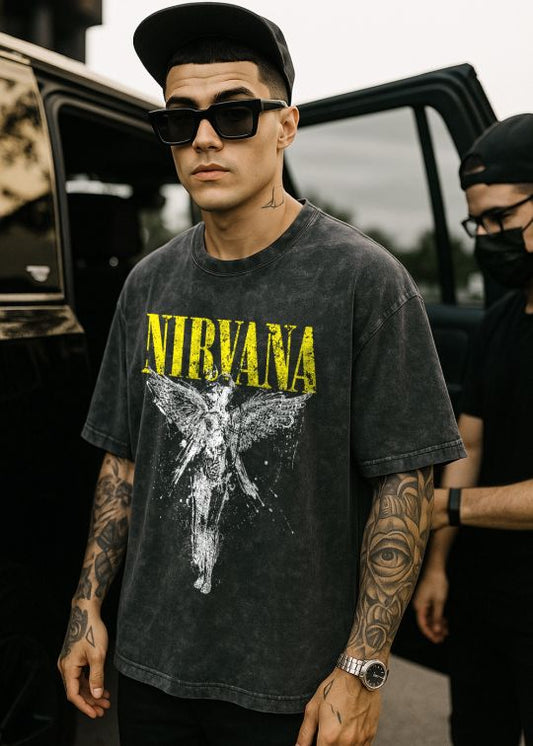 Nirvana Black Overdyed Oversized Men Half Sleeve T-shirt