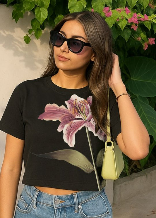 Abstract Flora Black Crop Half Sleeve T-shirt For Women