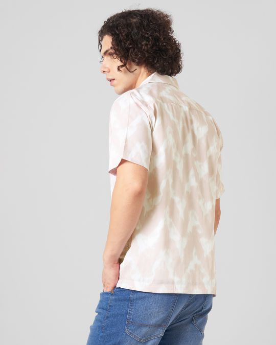 Men Peach Ink Printed Cuban Collar Shirt