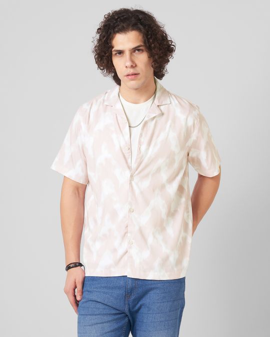 Men Peach Ink Printed Cuban Collar Shirt