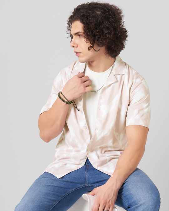 Men Peach Ink Printed Cuban Collar Shirt