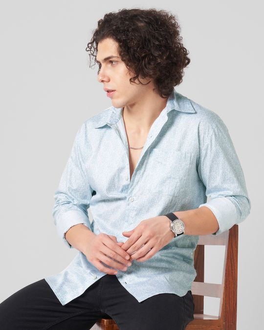 Blue Dotted Printed Full Sleeve Shirt For Men