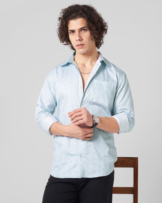 Blue Dotted Printed Full Sleeve Shirt For Men