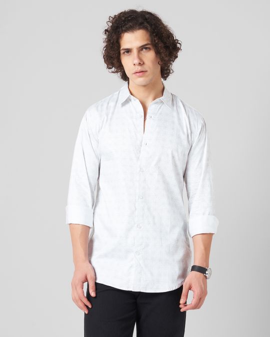 Men White Minimal Matrix Print Full Sleeve Shirt