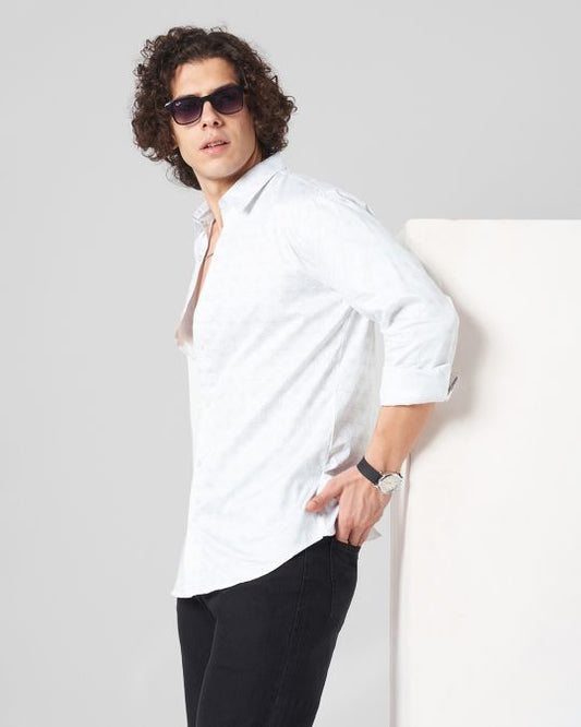 Men White Minimal Matrix Print Full Sleeve Shirt