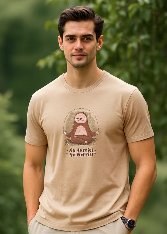 No Hurries No Worries Beige Half Sleeve Tshirt For Men