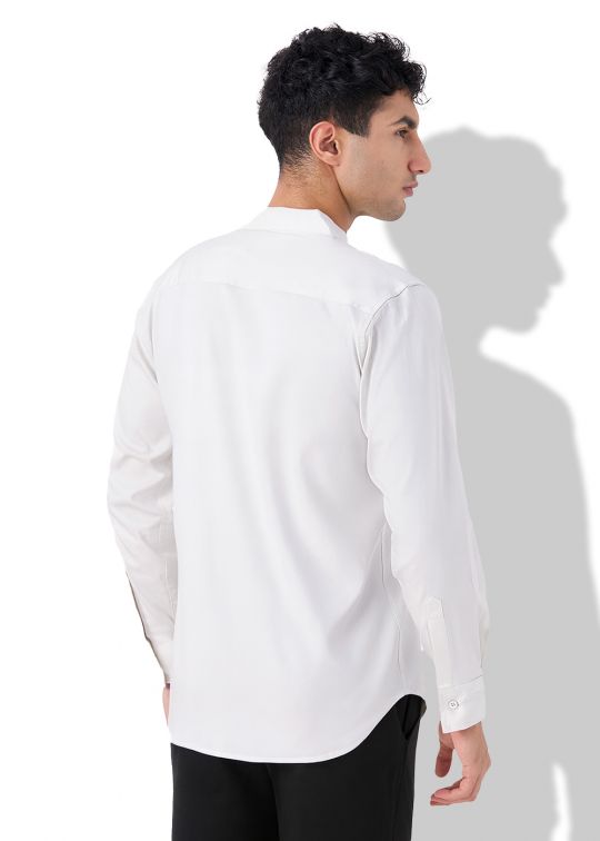 Men's White Solid Mandarin Collar Casual Shirt