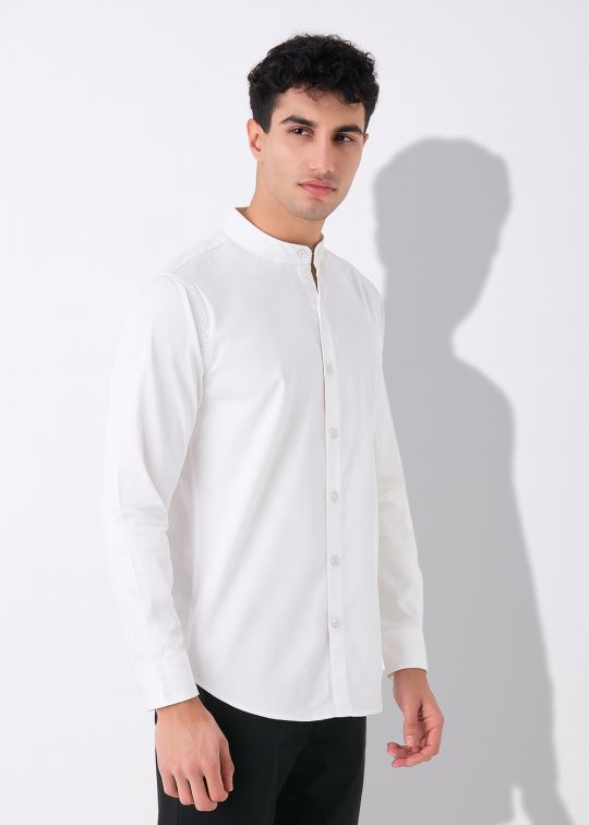 Men's White Solid Mandarin Collar Casual Shirt