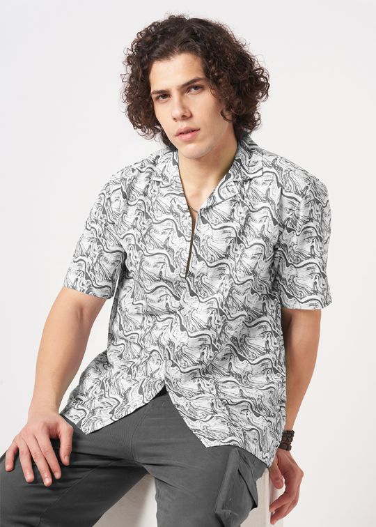 Men Black Printed Cuban Collar Shirt
