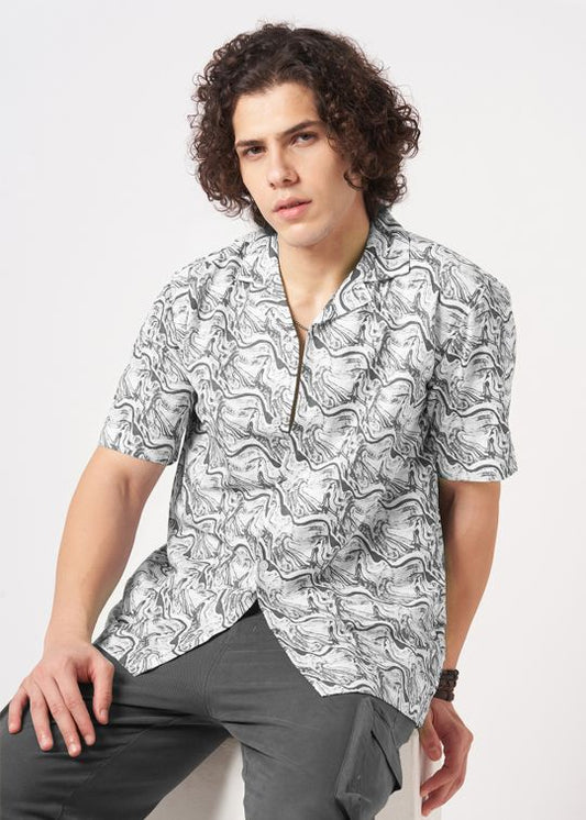 Men Black Printed Cuban Collar Shirt