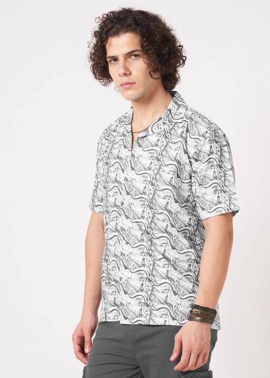 Men Black Printed Cuban Collar Shirt