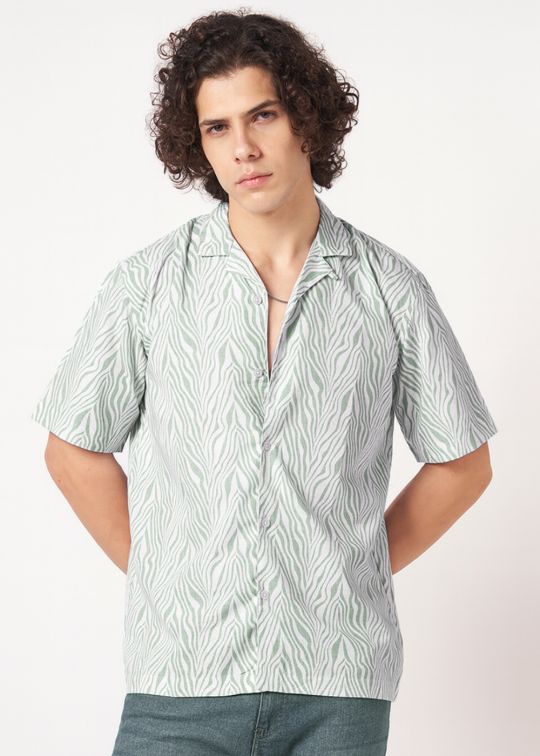 Men Green & White Zebra Print Half Sleeve Shirt