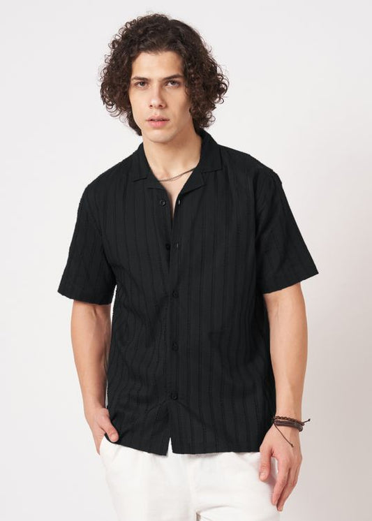 Men Black Crinkle Textured Short Sleeve Shirt