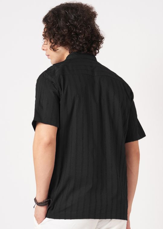 Men Black Crinkle Textured Short Sleeve Shirt