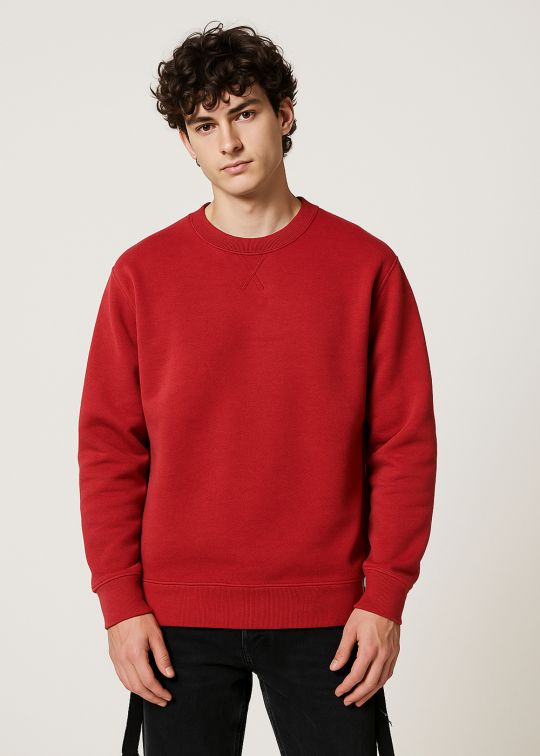 Men Red Crew Neck Relaxed Fit Sweatshirt With Cross Stitch