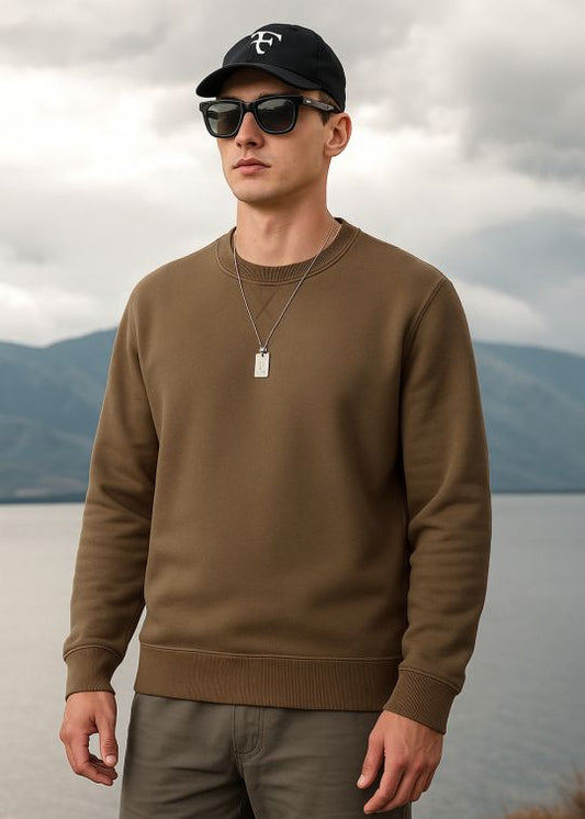 Men Pastel Brown Crew Neck Relaxed Fit Sweatshirt With Cross Stitch