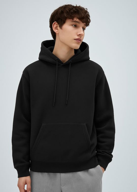 Men Black Relaxed Fit Hoodie With Kagaroo Pocket
