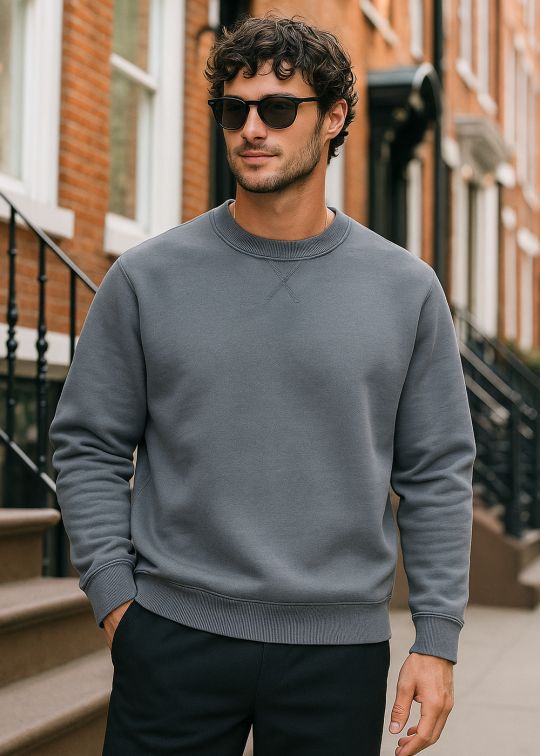 Men Slate Grey Crew Neck Relaxed Fit Sweatshirt With Cross Stitch
