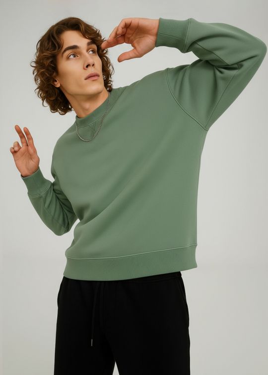 Men Moss Green Crew Neck Relaxed Fit Sweatshirt With Cross Stitch