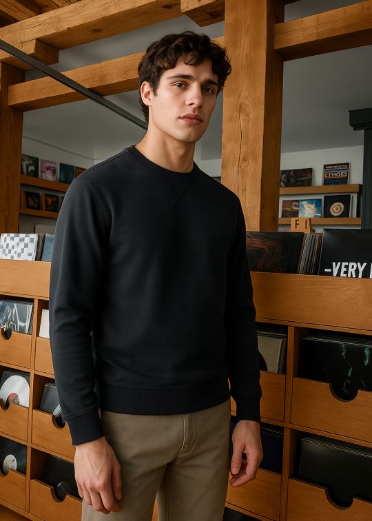 Men Black Crew Neck Relaxed Fit Sweatshirt With Cross Stitch