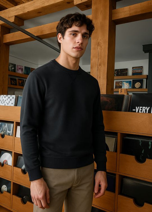 Men Black Crew Neck Relaxed Fit Sweatshirt With Cross Stitch